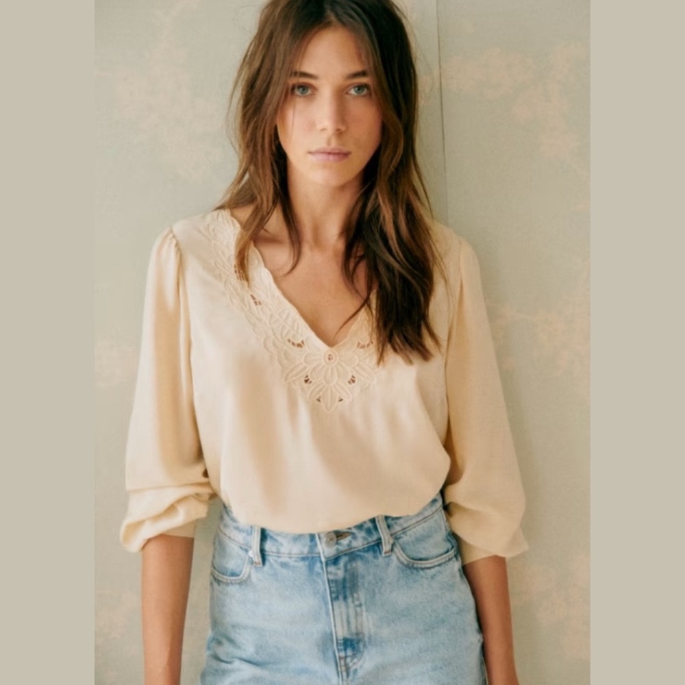 NWT Sezane Juliette Silk Blouse, Size 36, in Cream